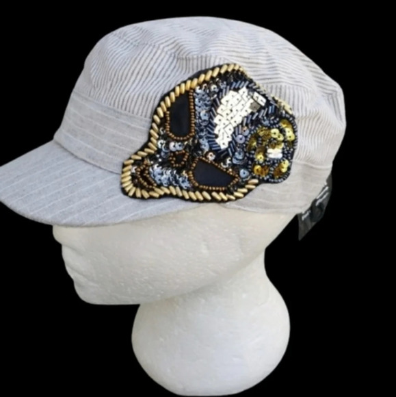 Skull sequin‎  stripe cotton baseball cap NWT - Picture 6 of 7